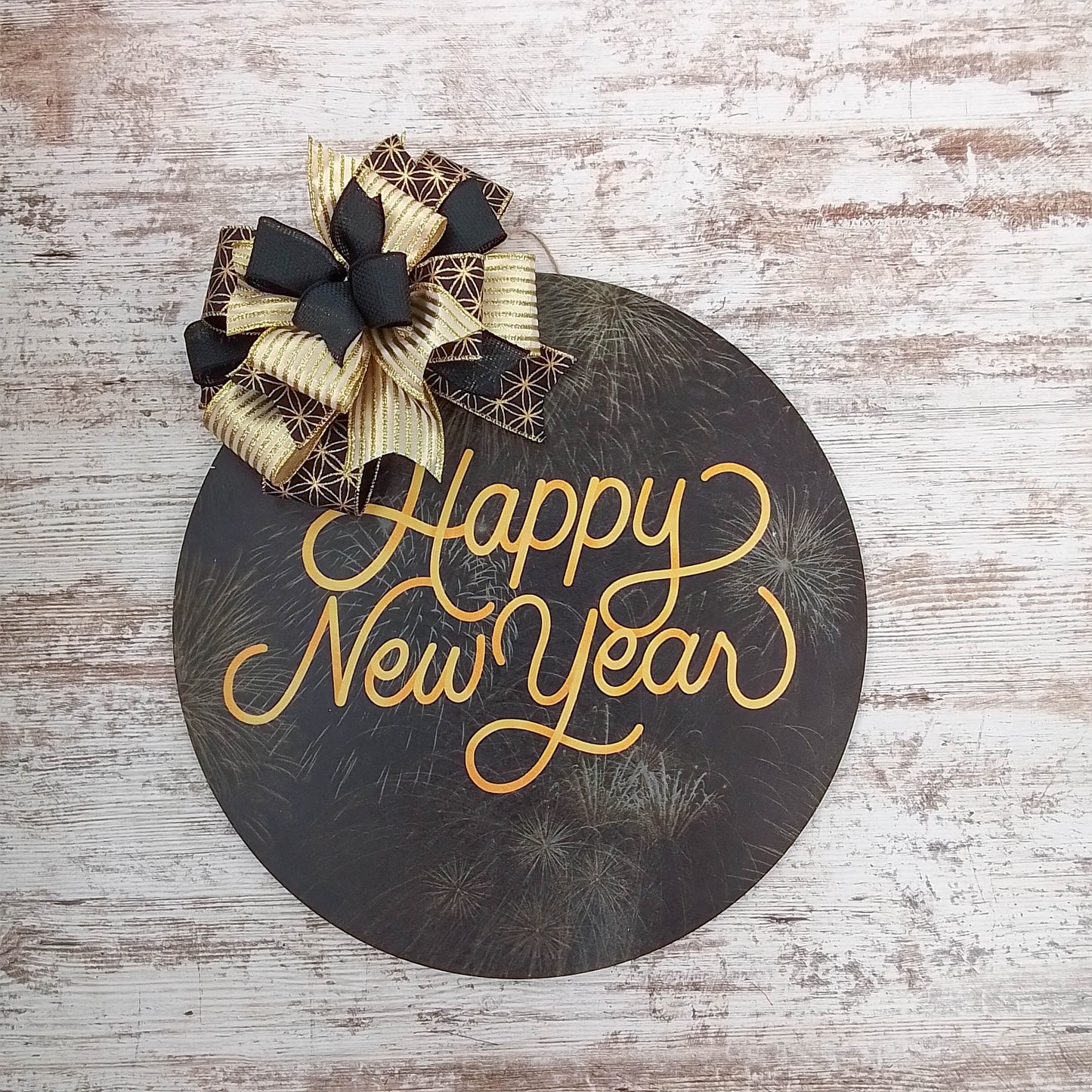 Happy New Year Door Hanger, Birch Wood Festive Decor, Black and Gold Ribbon Design