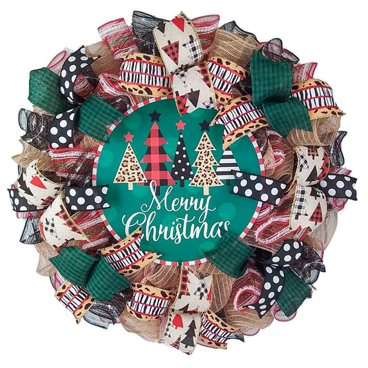 Row of Trees Christmas Wreath - Merry Christmas Front Door Wreaths - Outdoor Decor - Black Red Brown Green