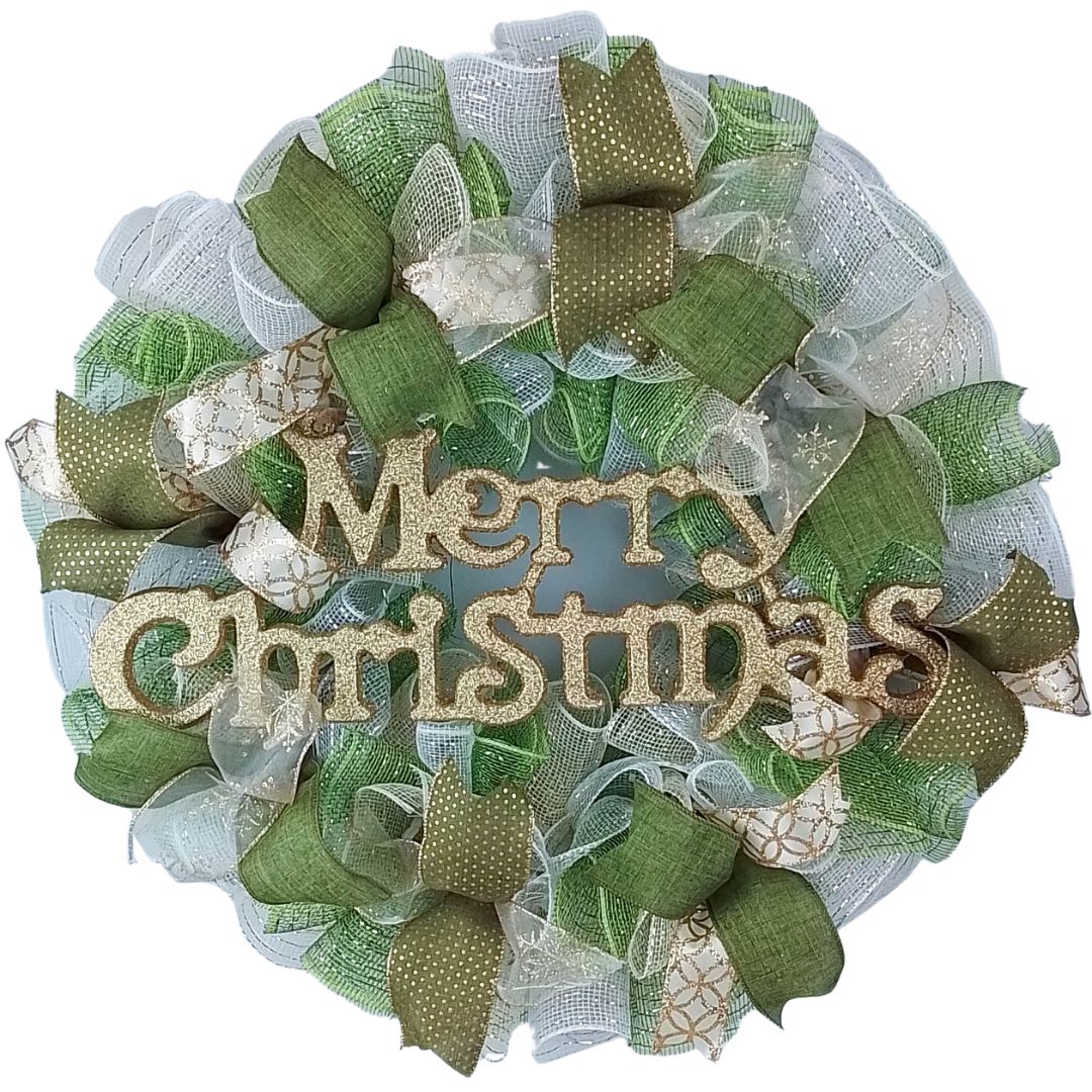 Gold, Cream Ivory, and Moss Apple Green Outdoor Christmas Wreath with Burlap and White Accents for Front Door