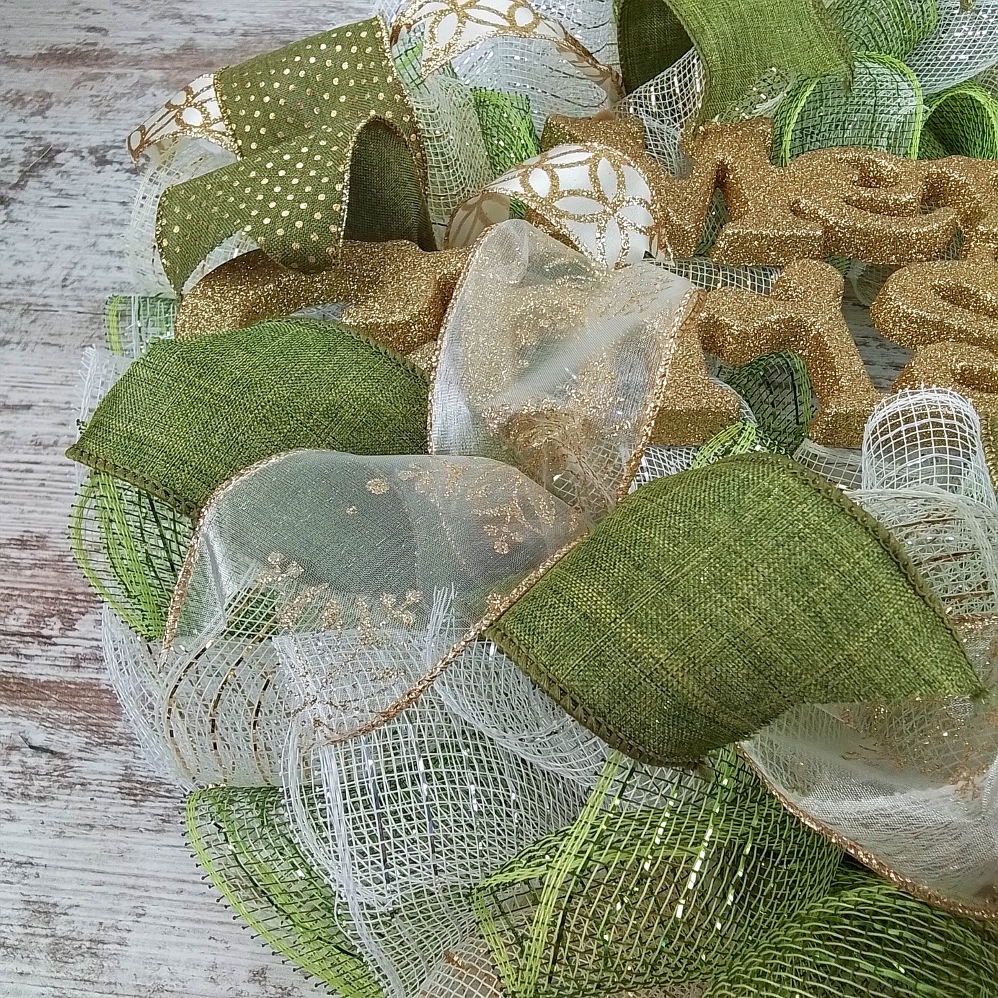 Gold, Cream Ivory, and Moss Apple Green Outdoor Christmas Wreath with Burlap and White Accents for Front Door