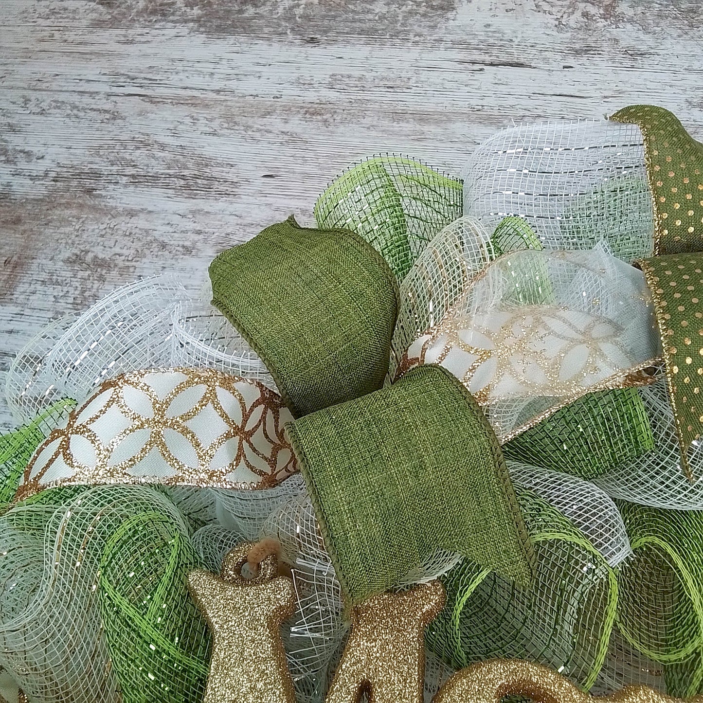 Gold, Cream Ivory, and Moss Apple Green Outdoor Christmas Wreath with Burlap and White Accents for Front Door