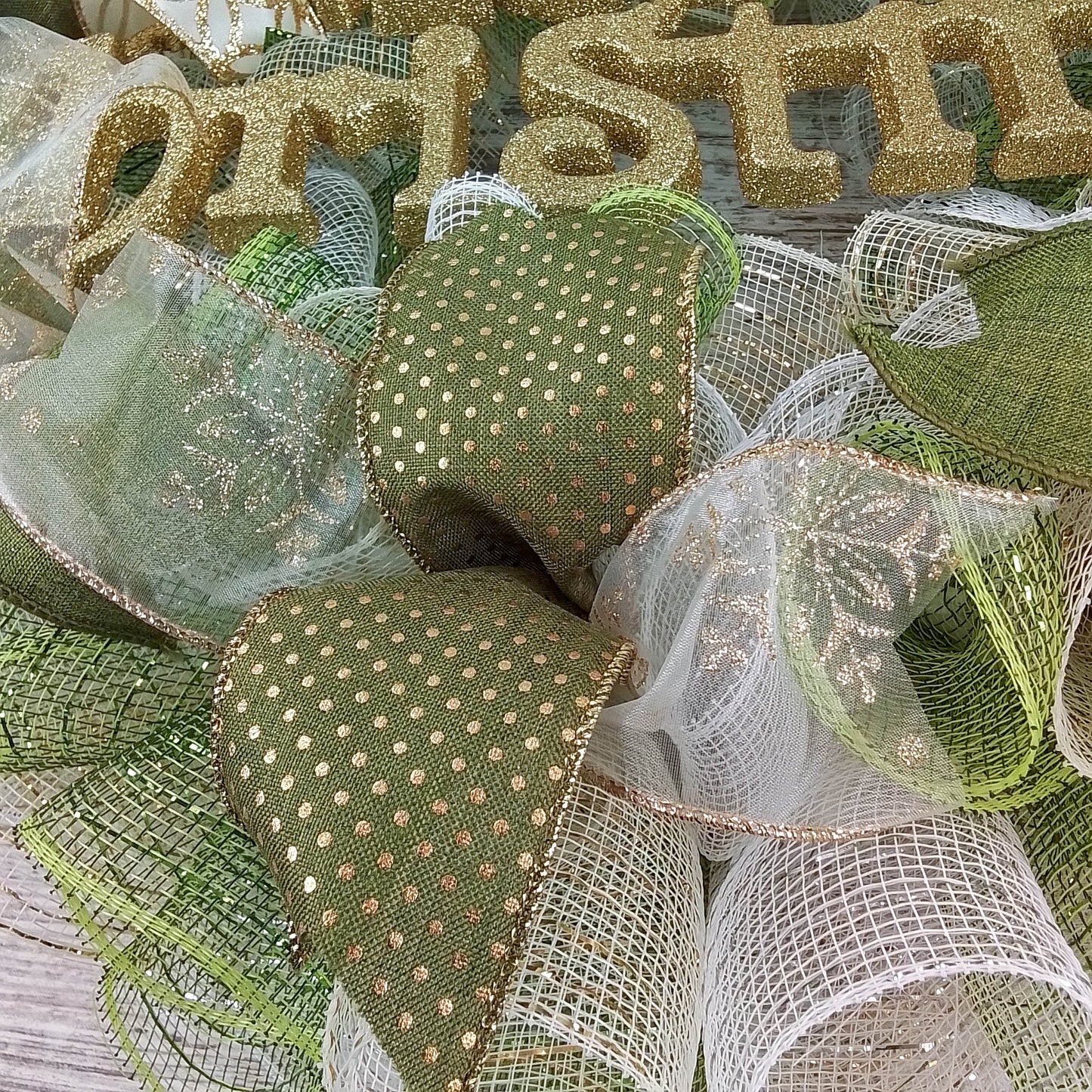 Gold, Cream Ivory, and Moss Apple Green Outdoor Christmas Wreath with Burlap and White Accents for Front Door