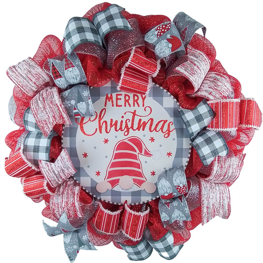 Grey Gnome Christmas Buffalo Plaid Check Wreath - Holiday Wreath Front Door Decor - White Red