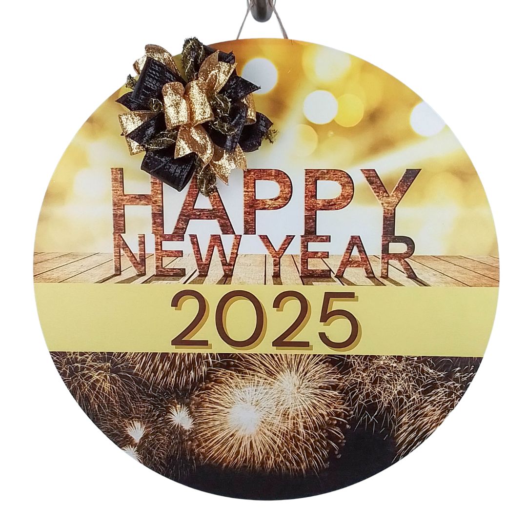 New Year Celebration Door Hanger, 2025 Festive Decor, Fireworks Design with Ribbon Bow