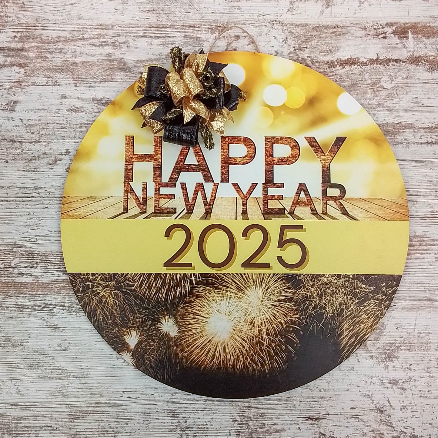 New Year Celebration Door Hanger, 2025 Festive Decor, Fireworks Design with Ribbon Bow
