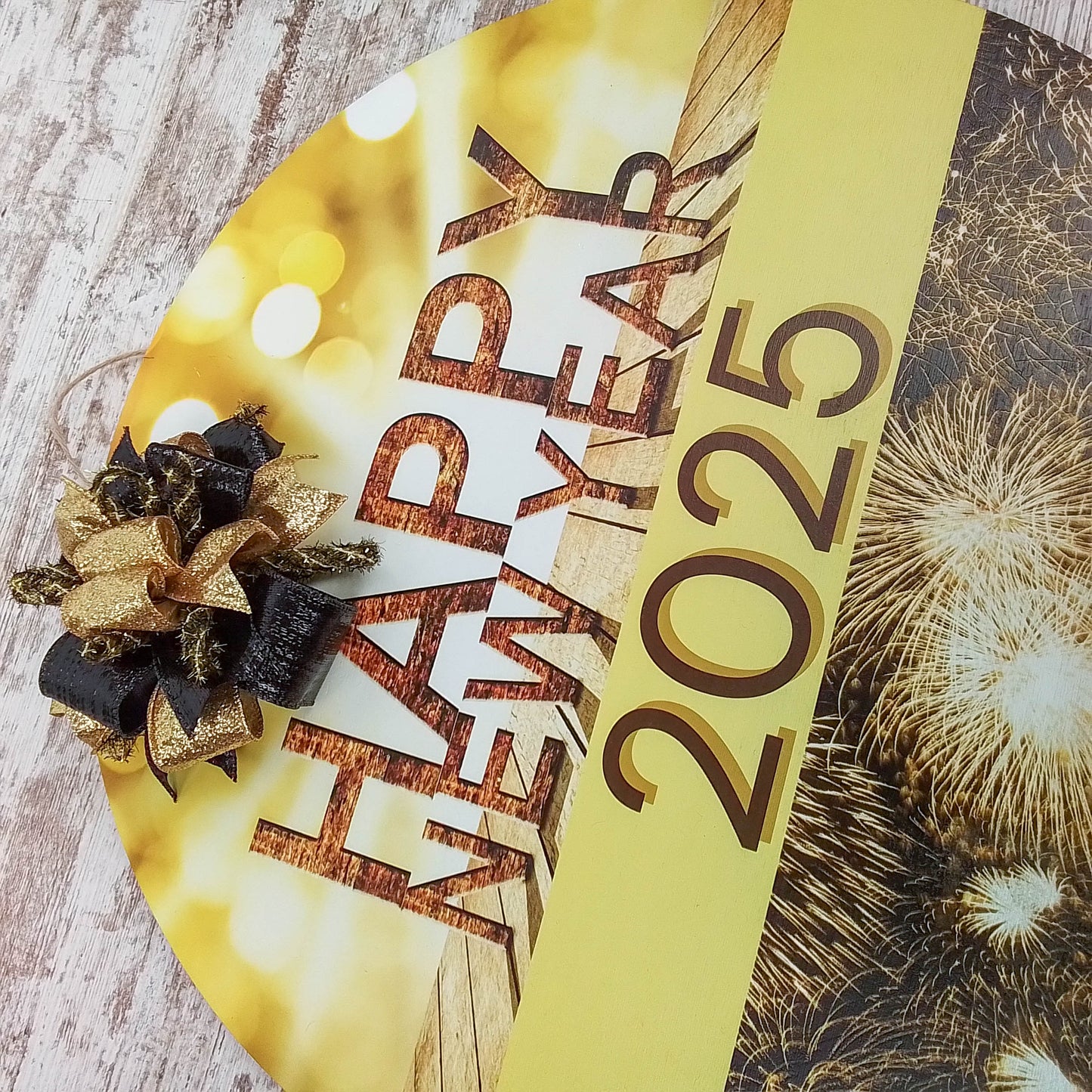 New Year Celebration Door Hanger, 2025 Festive Decor, Fireworks Design with Ribbon Bow