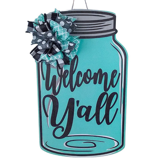 Welcome Y'all Door Hanger, Mason Jar Home Decor, Rustic Birch Wood Accent
