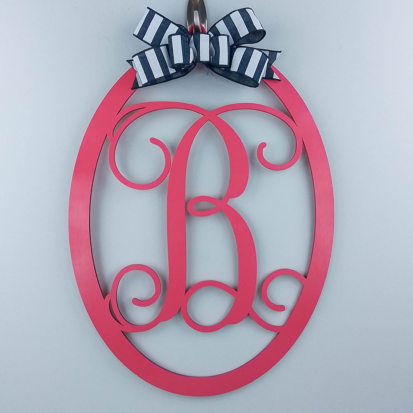 Oval Monogram Door Hanger | Black Vintage Mother's Day Gift | Personalize Me! | Stripe Bow Decor