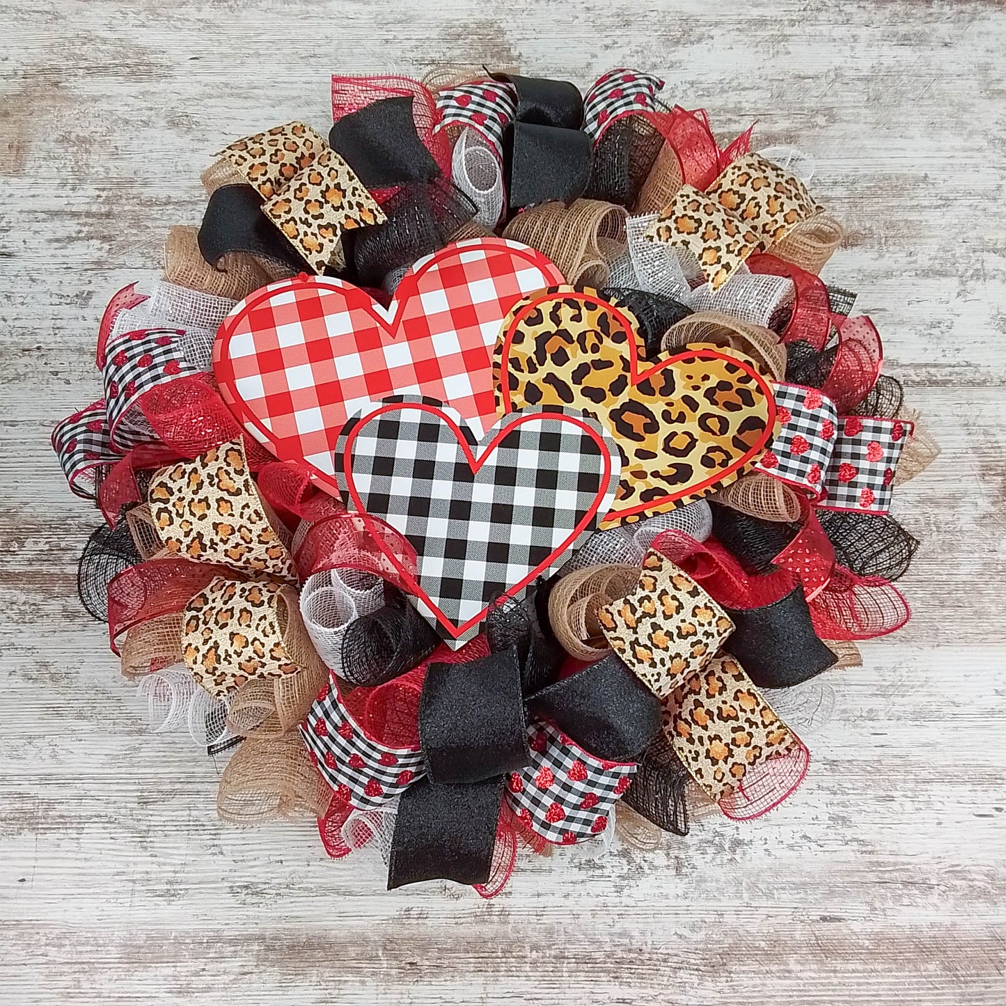 Valentine's Day Mesh Door Wreath - Red White Black Buffalo Plaid - Animal Print Door Decor