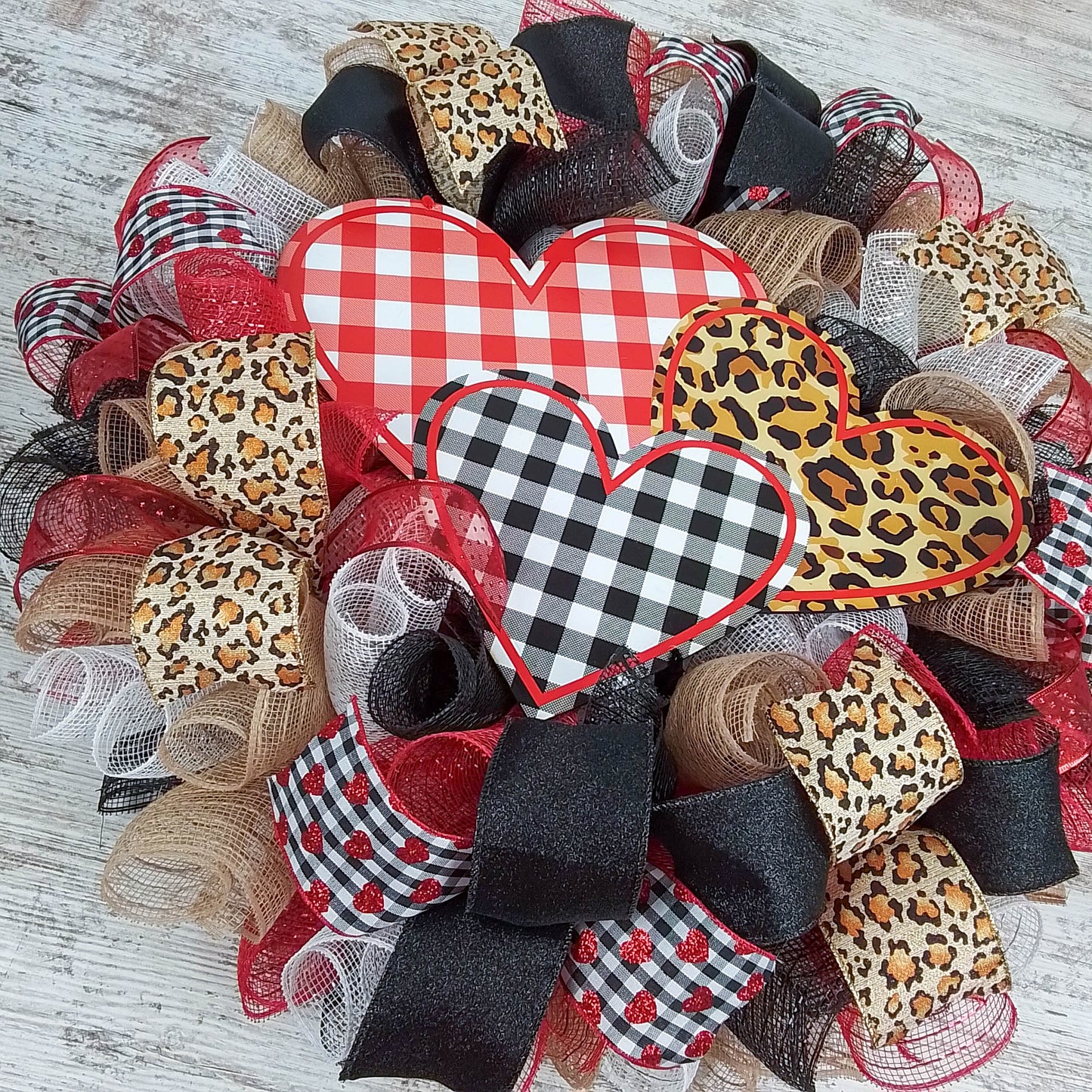 Valentine's Day Mesh Door Wreath - Red White Black Buffalo Plaid - Animal Print Door Decor