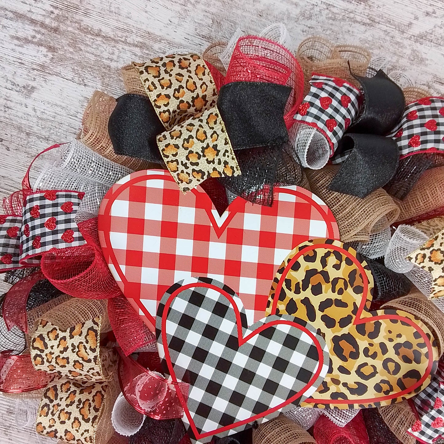 Valentine's Day Mesh Door Wreath - Red White Black Buffalo Plaid - Animal Print Door Decor