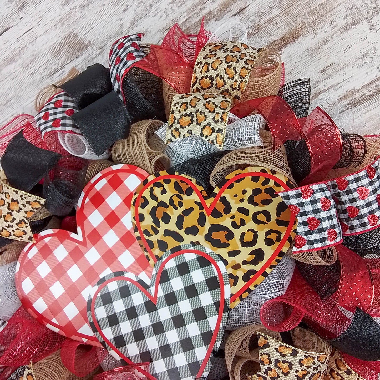 Valentine's Day Mesh Door Wreath - Red White Black Buffalo Plaid - Animal Print Door Decor