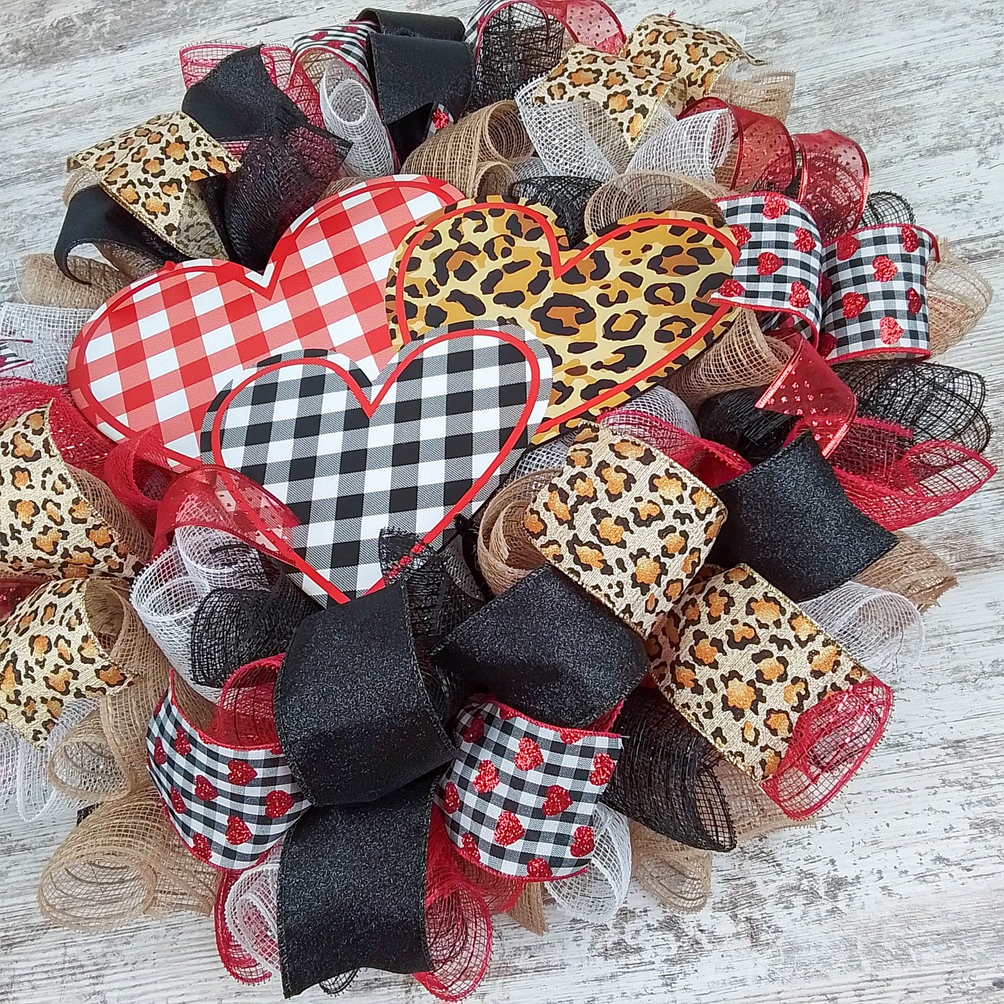 Valentine's Day Mesh Door Wreath - Red White Black Buffalo Plaid - Animal Print Door Decor