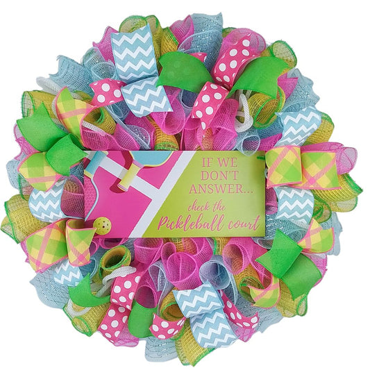 Colorful Pickleball Wreath, Polka Dot and Chevron Ribbons, Fun Housewarming Gift