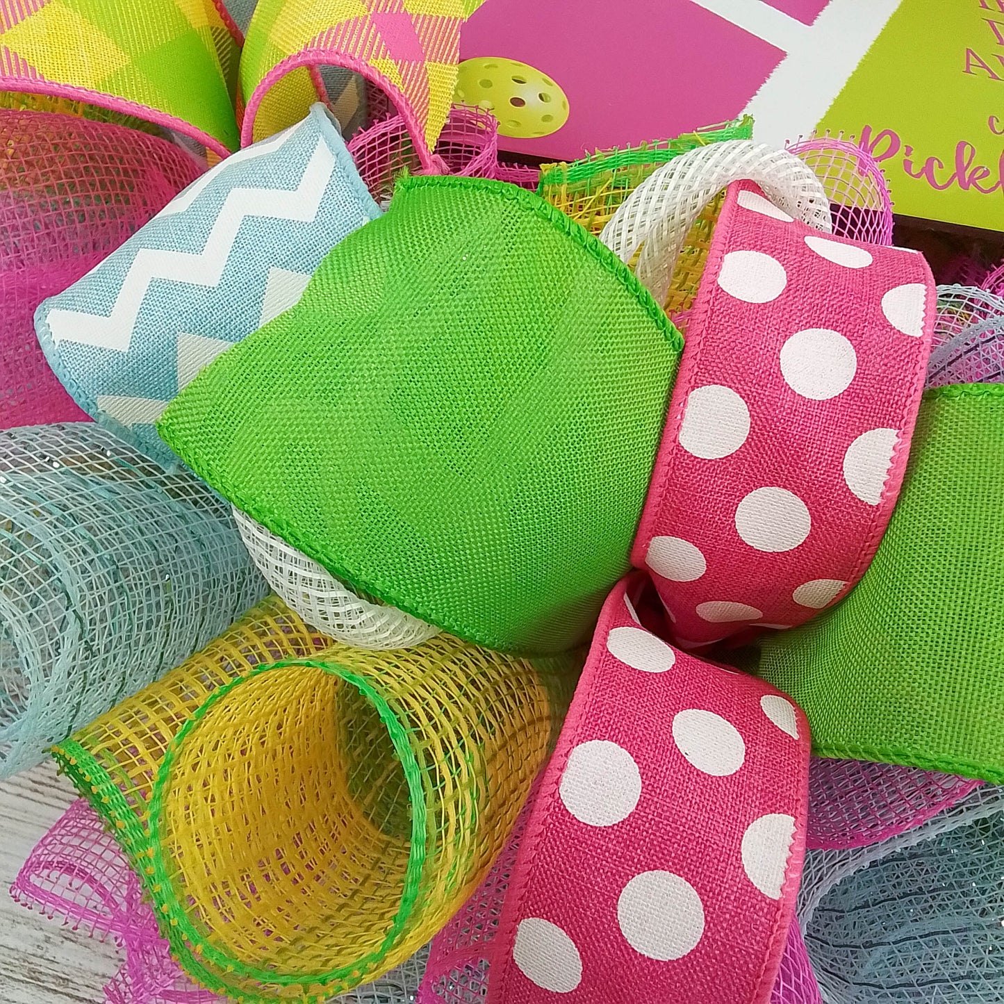 Colorful Pickleball Wreath, Polka Dot and Chevron Ribbons, Fun Housewarming Gift