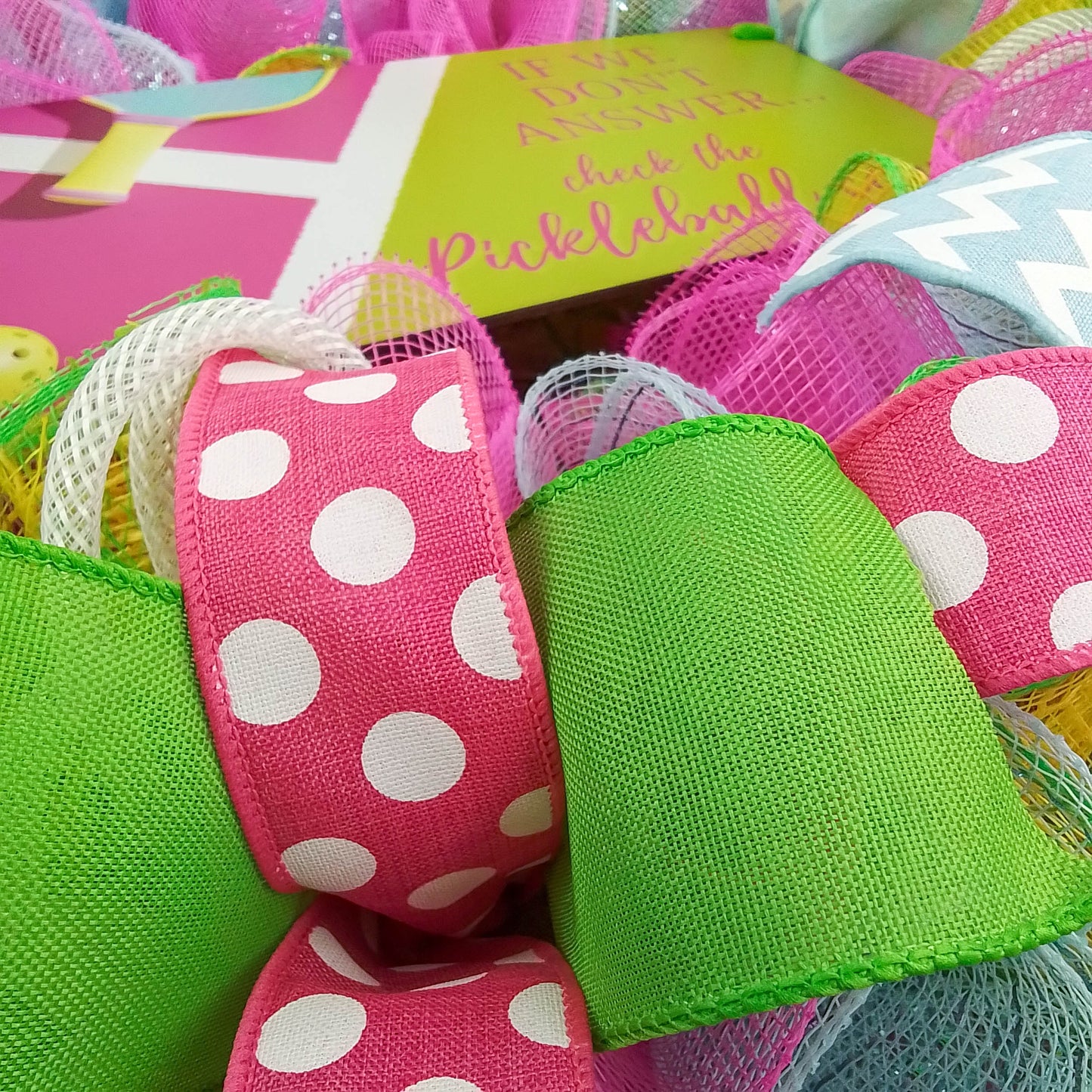 Colorful Pickleball Wreath, Polka Dot and Chevron Ribbons, Fun Housewarming Gift