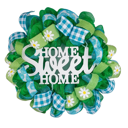 Home Sweet Home Everyday Deco Mesh Door Wreath - Lime Green White Turquoise