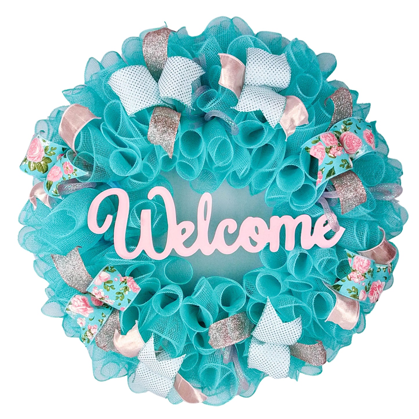 Welcome Turquoise Rose Gold Wreath - Gift for Her - Everyday Floral Spring Decor
