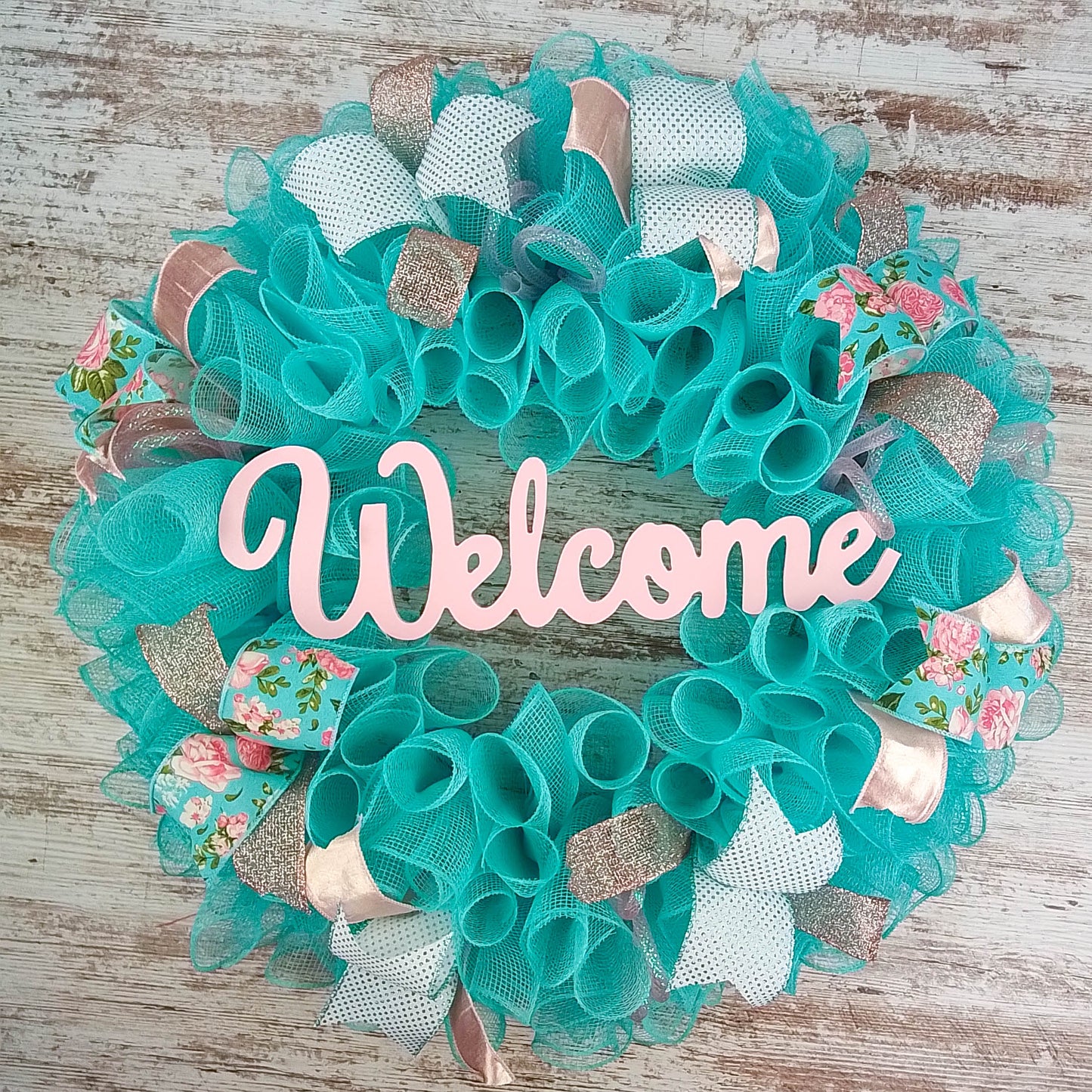 Welcome Turquoise Rose Gold Wreath - Gift for Her - Everyday Floral Spring Decor