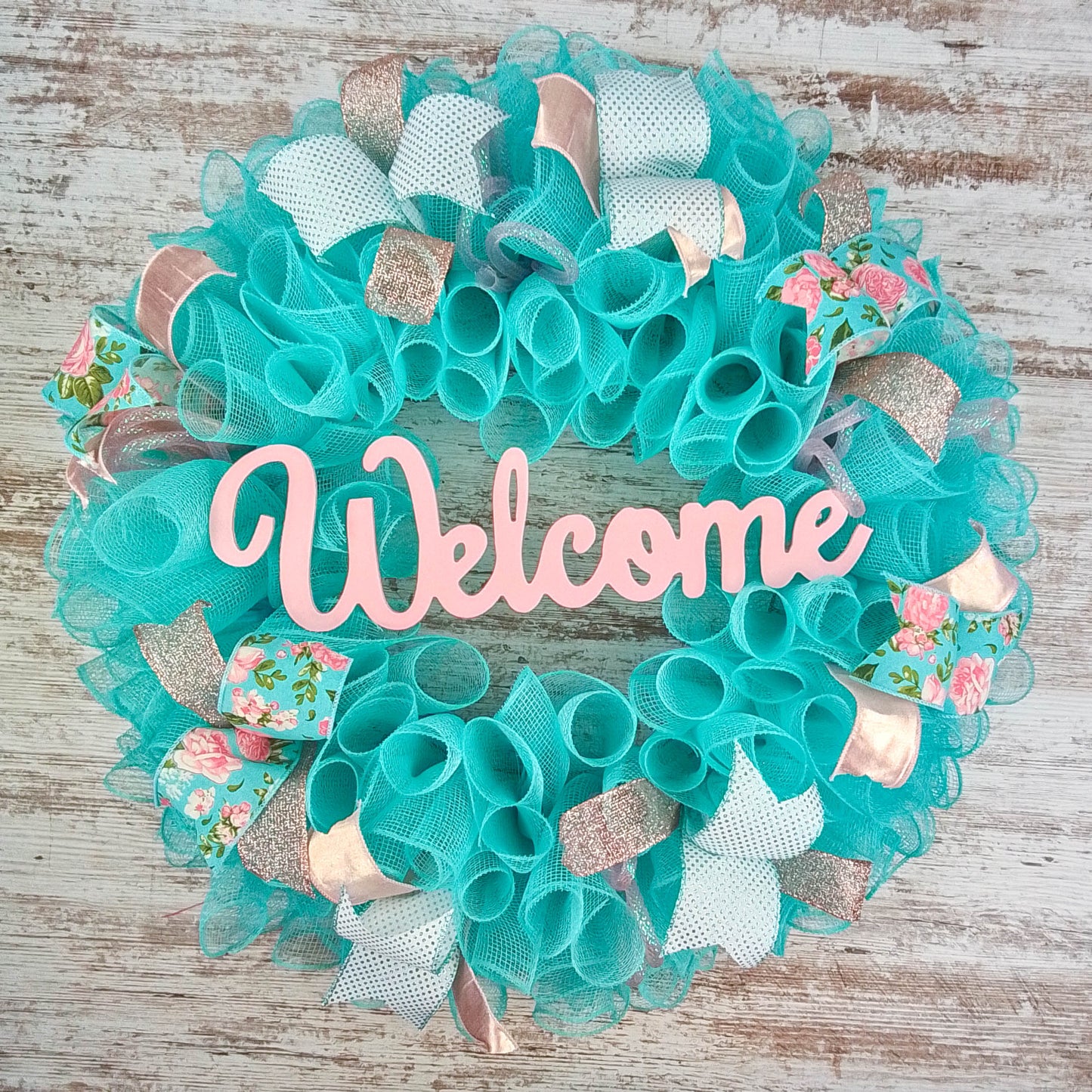 Welcome Turquoise Rose Gold Wreath - Gift for Her - Everyday Floral Spring Decor