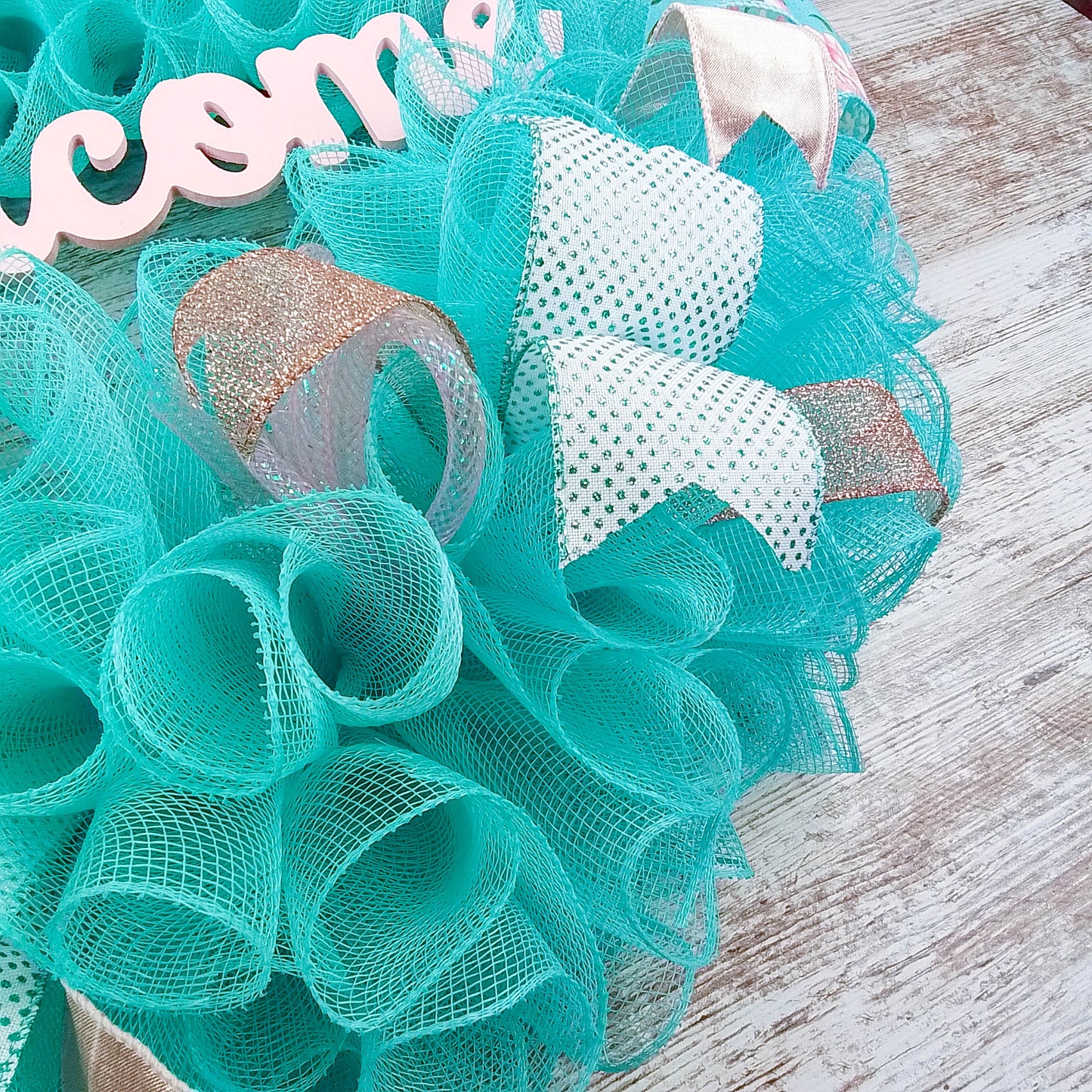 Welcome Turquoise Rose Gold Wreath - Gift for Her - Everyday Floral Spring Decor