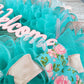 Welcome Turquoise Rose Gold Wreath - Gift for Her - Everyday Floral Spring Decor