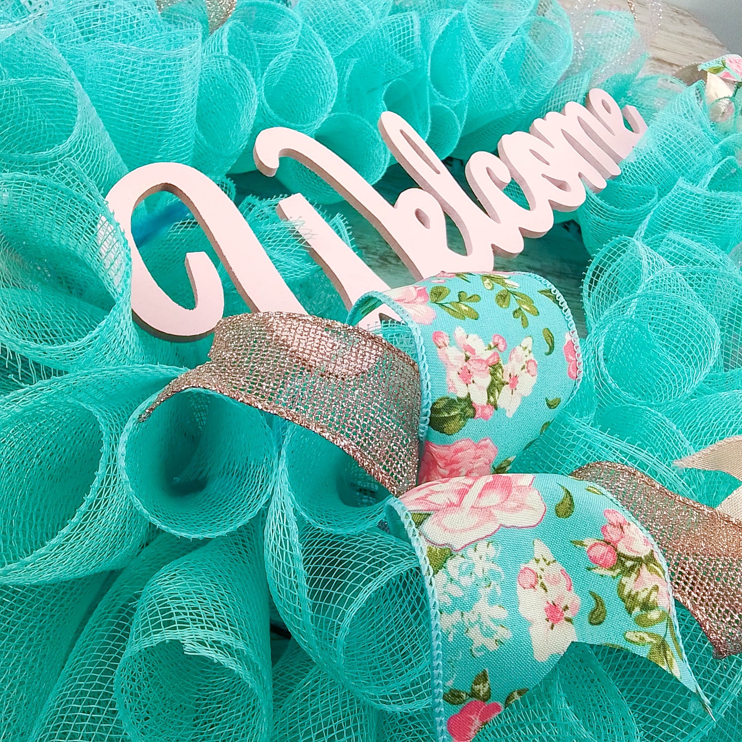 Welcome Turquoise Rose Gold Wreath - Gift for Her - Everyday Floral Spring Decor