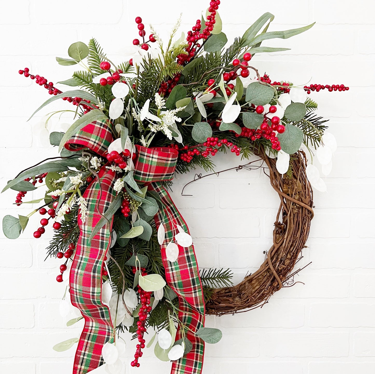 Traditional Christmas Front Door Wreath with Plaid Bow