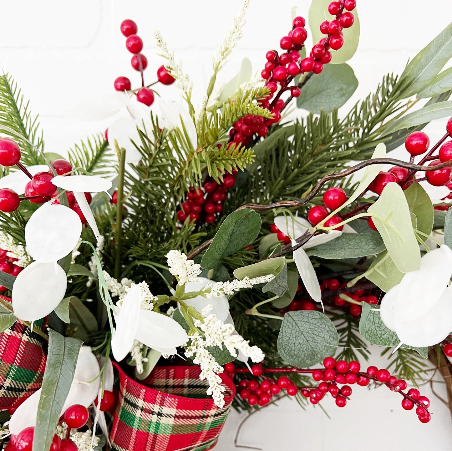Traditional Christmas Front Door Wreath with Plaid Bow