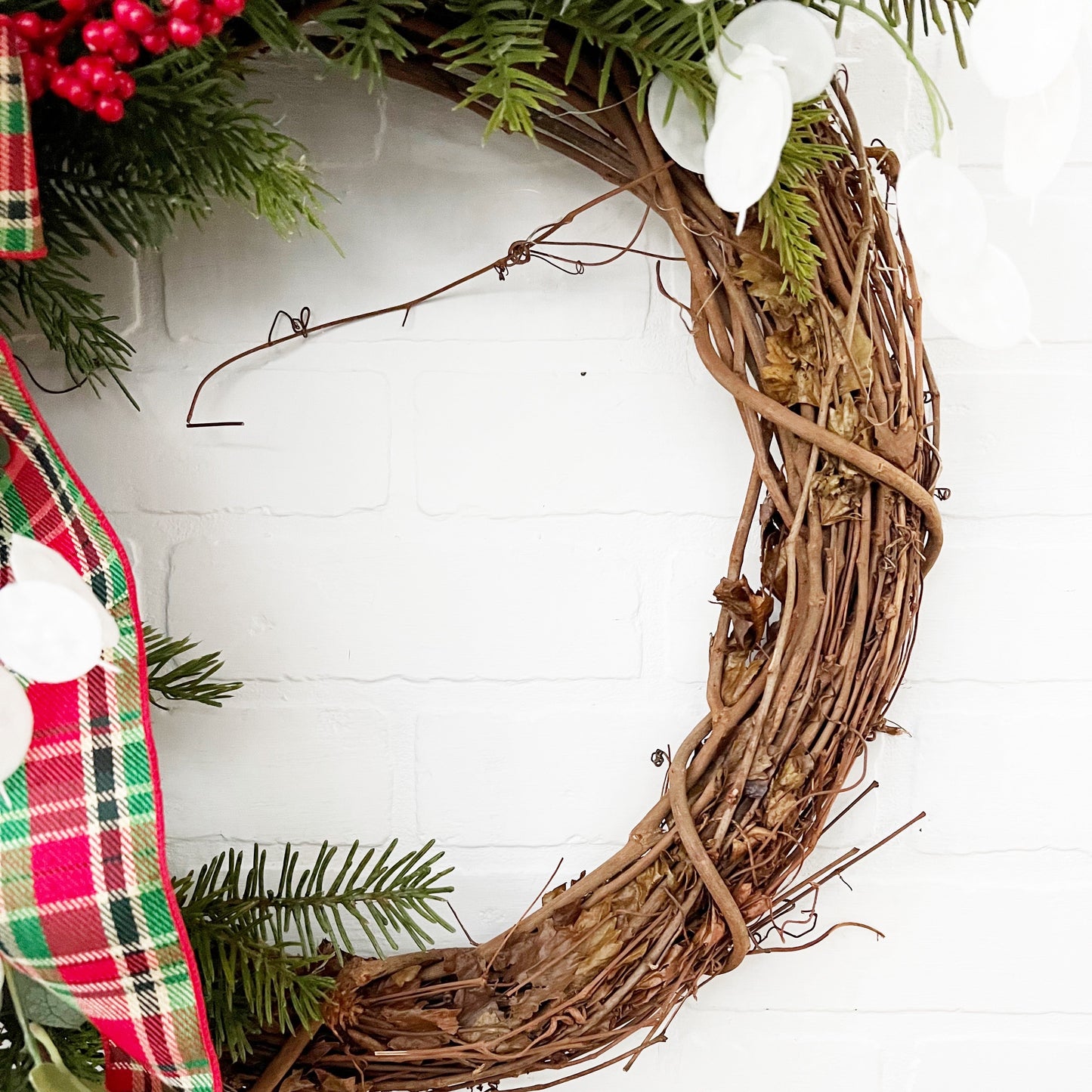 Traditional Christmas Front Door Wreath with Plaid Bow