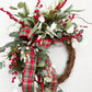 Traditional Christmas Front Door Wreath with Plaid Bow