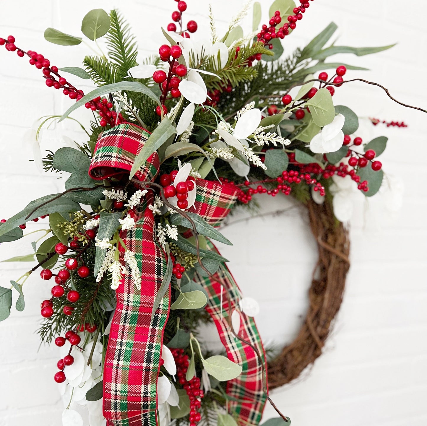 Traditional Christmas Front Door Wreath with Plaid Bow