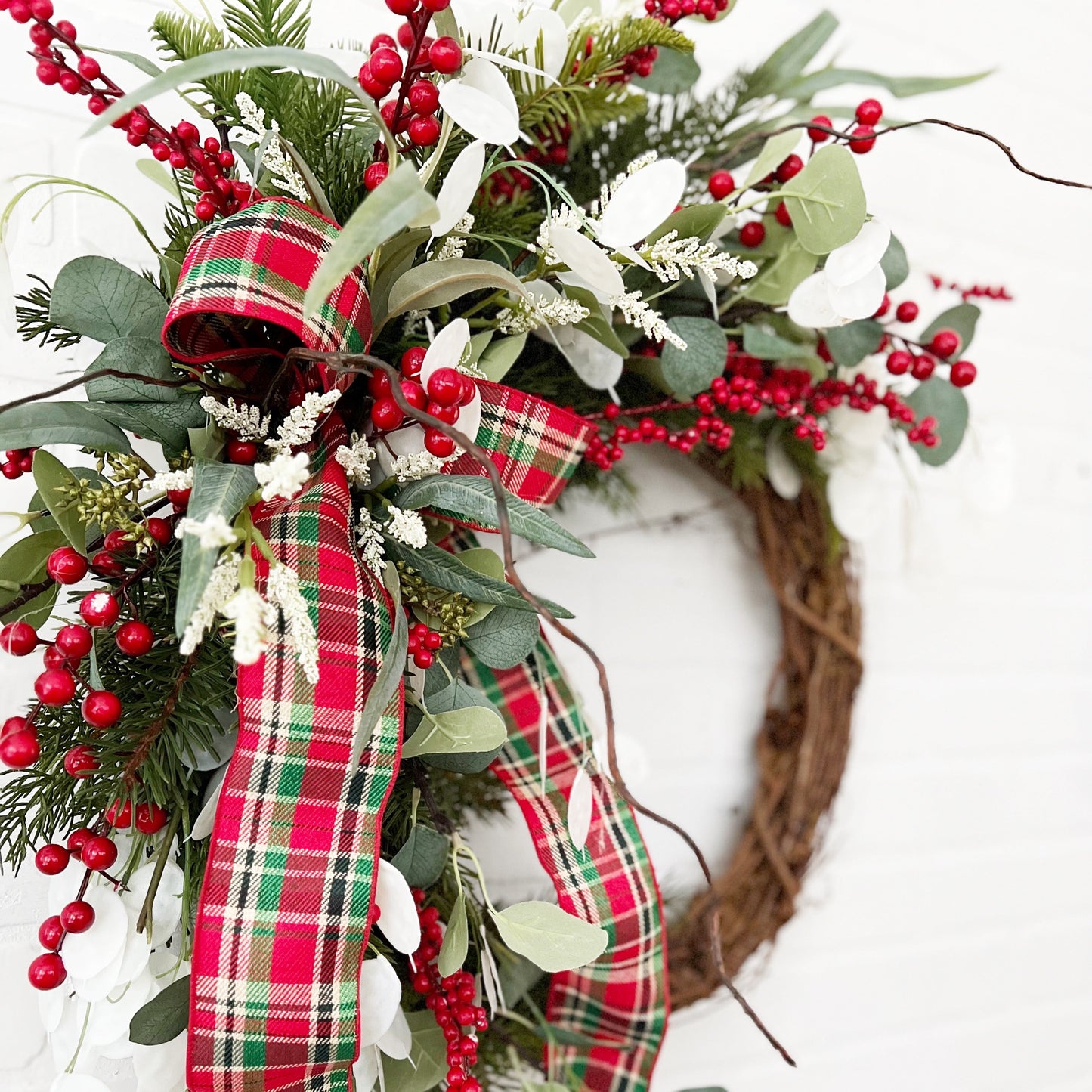 Traditional Christmas Front Door Wreath with Plaid Bow
