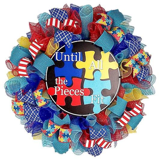 Autism Awareness Door Wreath - Until All the Pieces Fit Puzzle Piece Door Decor - Pink Door Wreaths