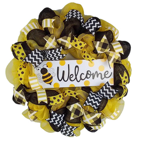 Bee Burlap Door Wreath | Honeybee Welcome Colorful Summer Wreath | Yellow Black White - Pink Door Wreaths