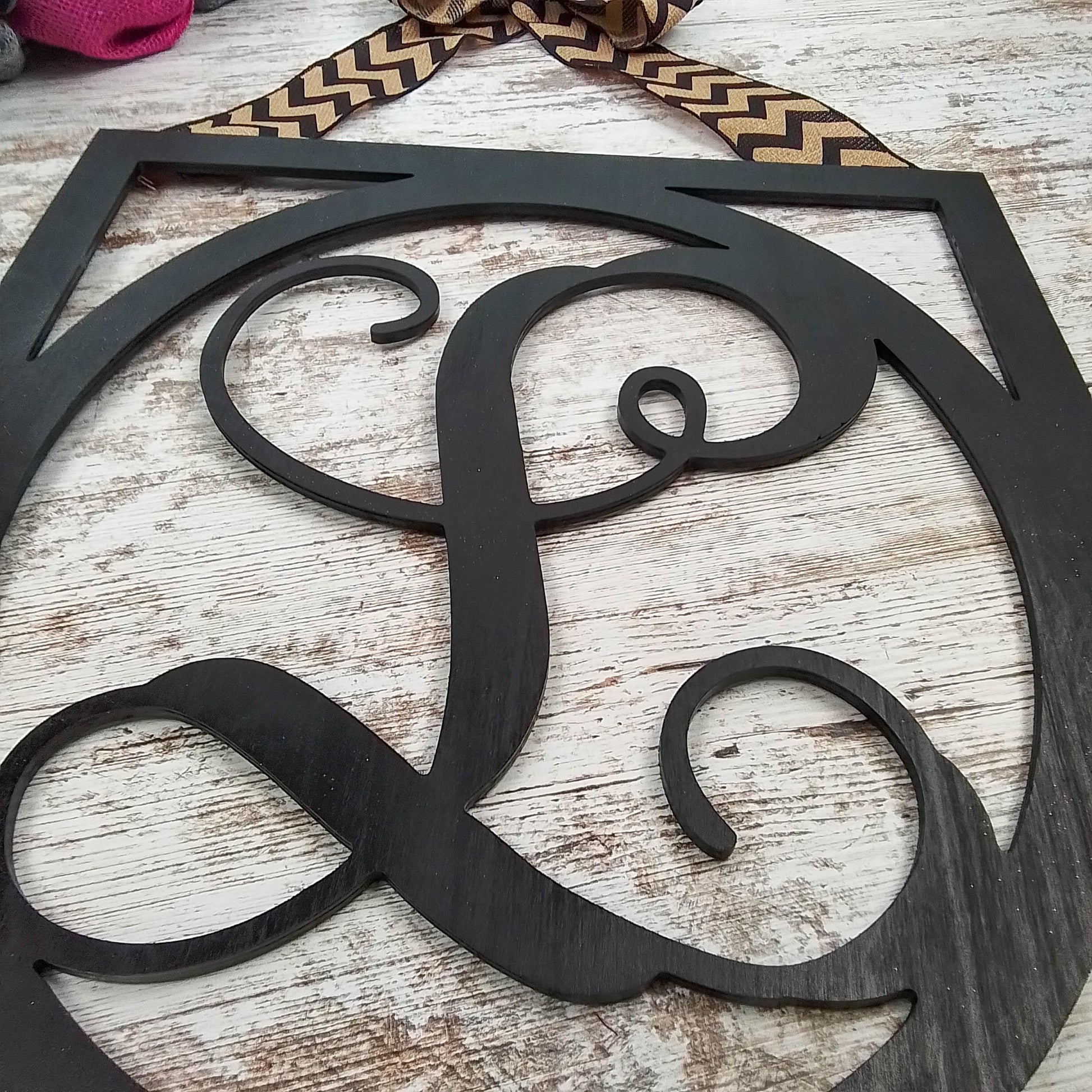 Black Burlap Initial Monogram Door Hanger - Gift for Mom - Framed Wood Wreath - Pink Door Wreaths