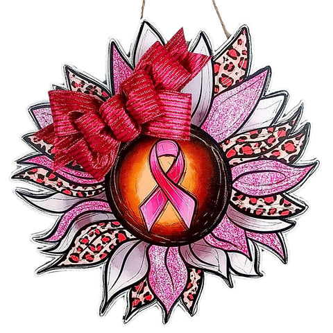 Breast Cancer Ribbon Door Hanger, Animal Print Sunflower Decor - Pink Door Wreaths