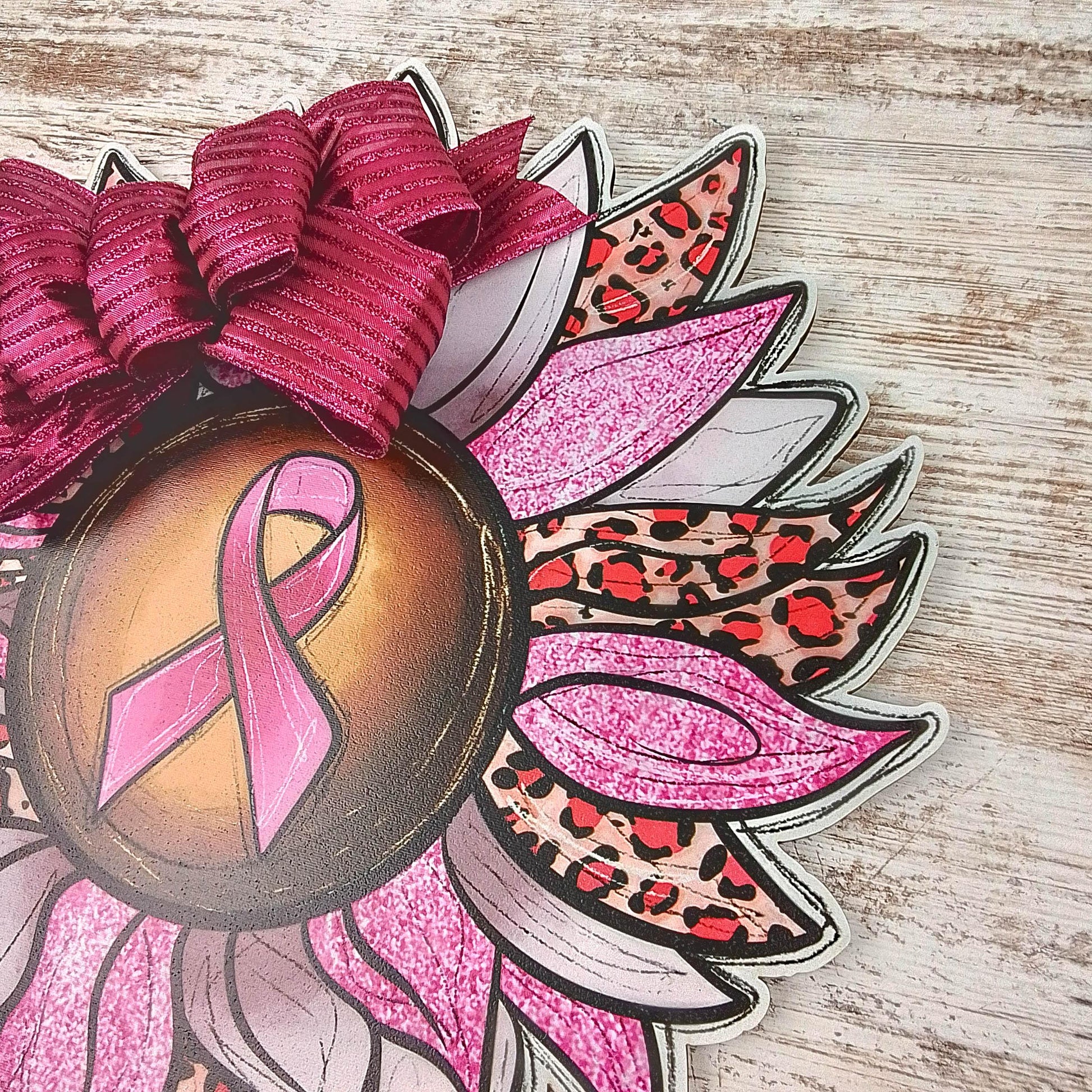 Breast Cancer Ribbon Door Hanger, Animal Print Sunflower Decor - Pink Door Wreaths