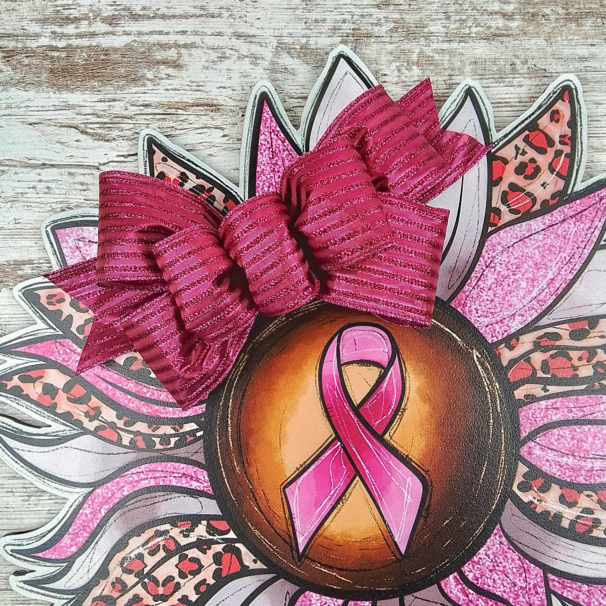 Breast Cancer Ribbon Door Hanger, Animal Print Sunflower Decor - Pink Door Wreaths