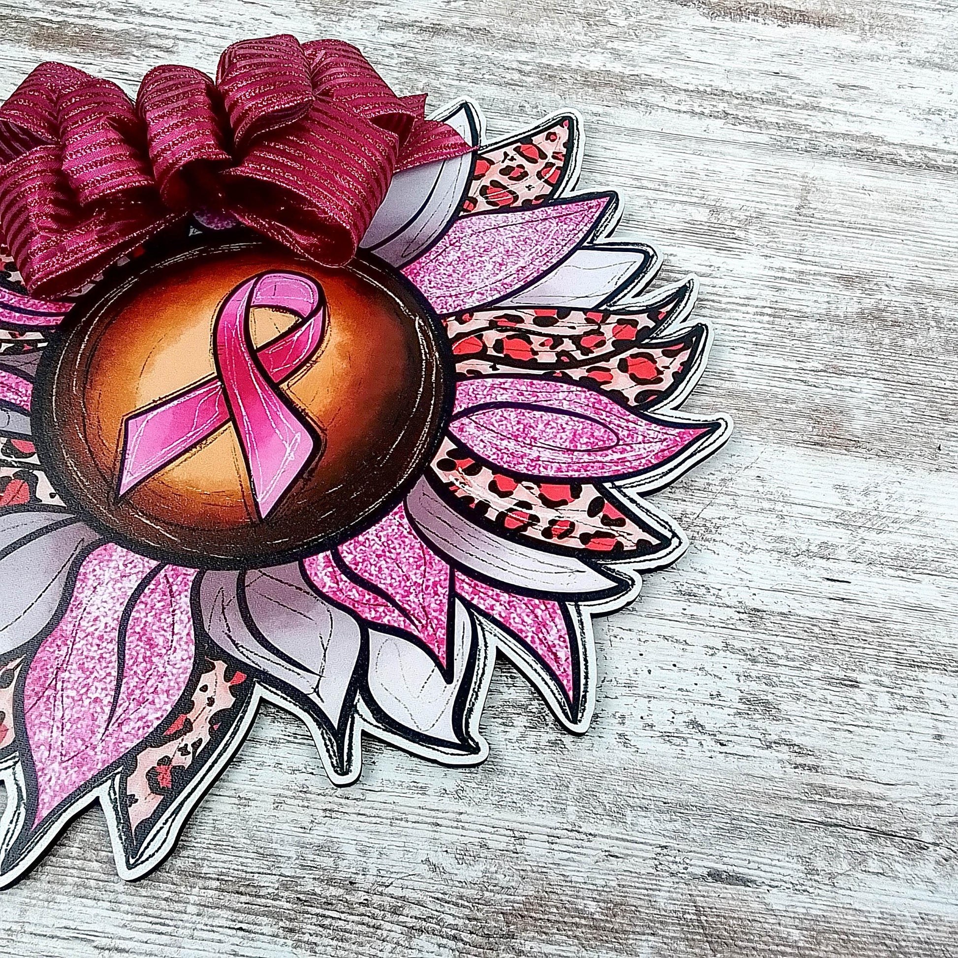 Breast Cancer Ribbon Door Hanger, Animal Print Sunflower Decor - Pink Door Wreaths