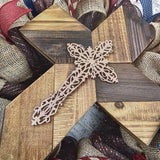 Brown Burlap Rustic Cross Mesh Front Door Wreath; Navy Maroon Burgundy White | Mother's Day Gift
