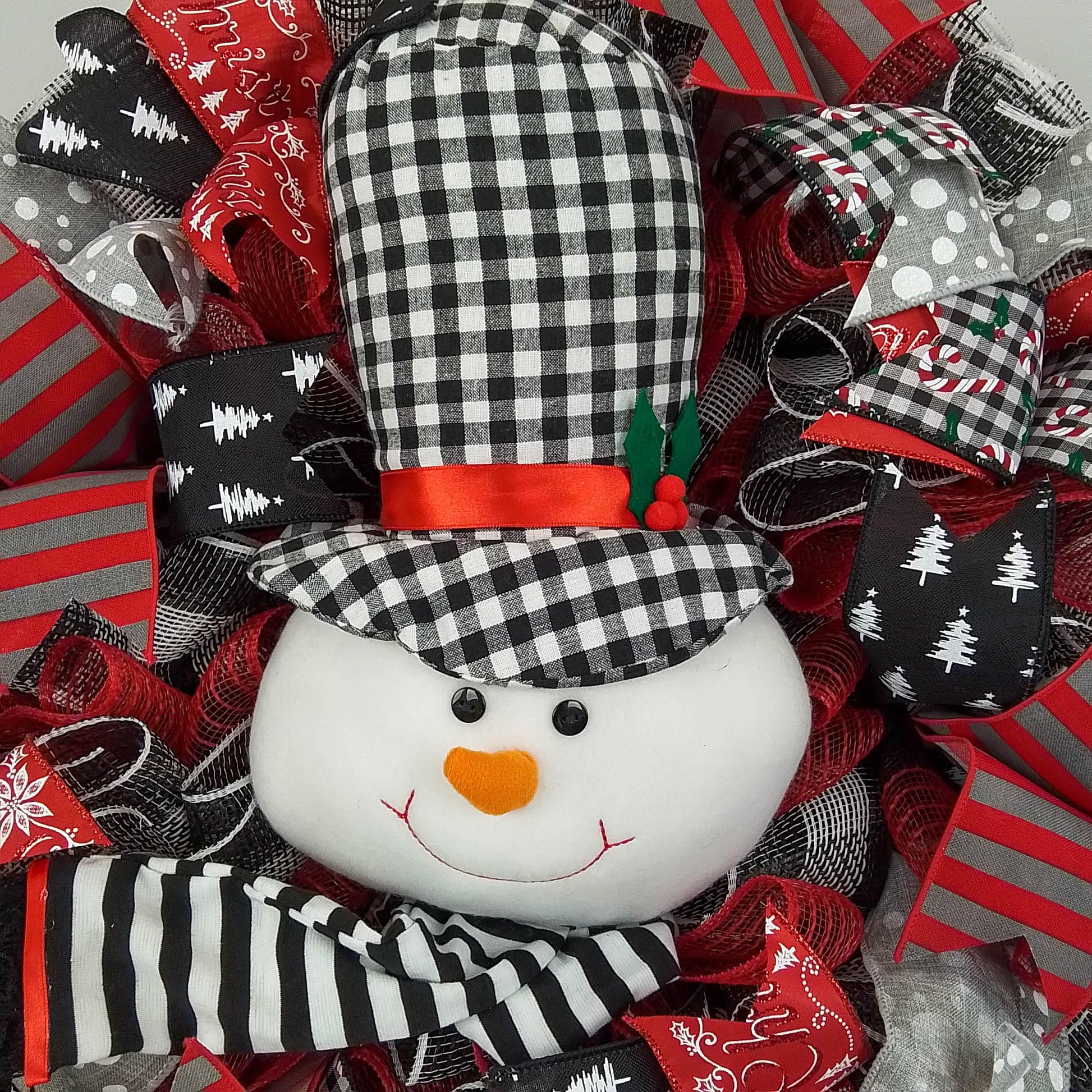 Buffalo Plaid Snowman Wreath - Winter Welcome Christmas Mesh Front Door Decor - White Red Black - Pink Door Wreaths
