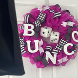 Bunco Dice Party Door Wreath; Pink, Black, White - Pink Door Wreaths