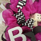 Bunco Dice Party Door Wreath; Pink, Black, White - Pink Door Wreaths