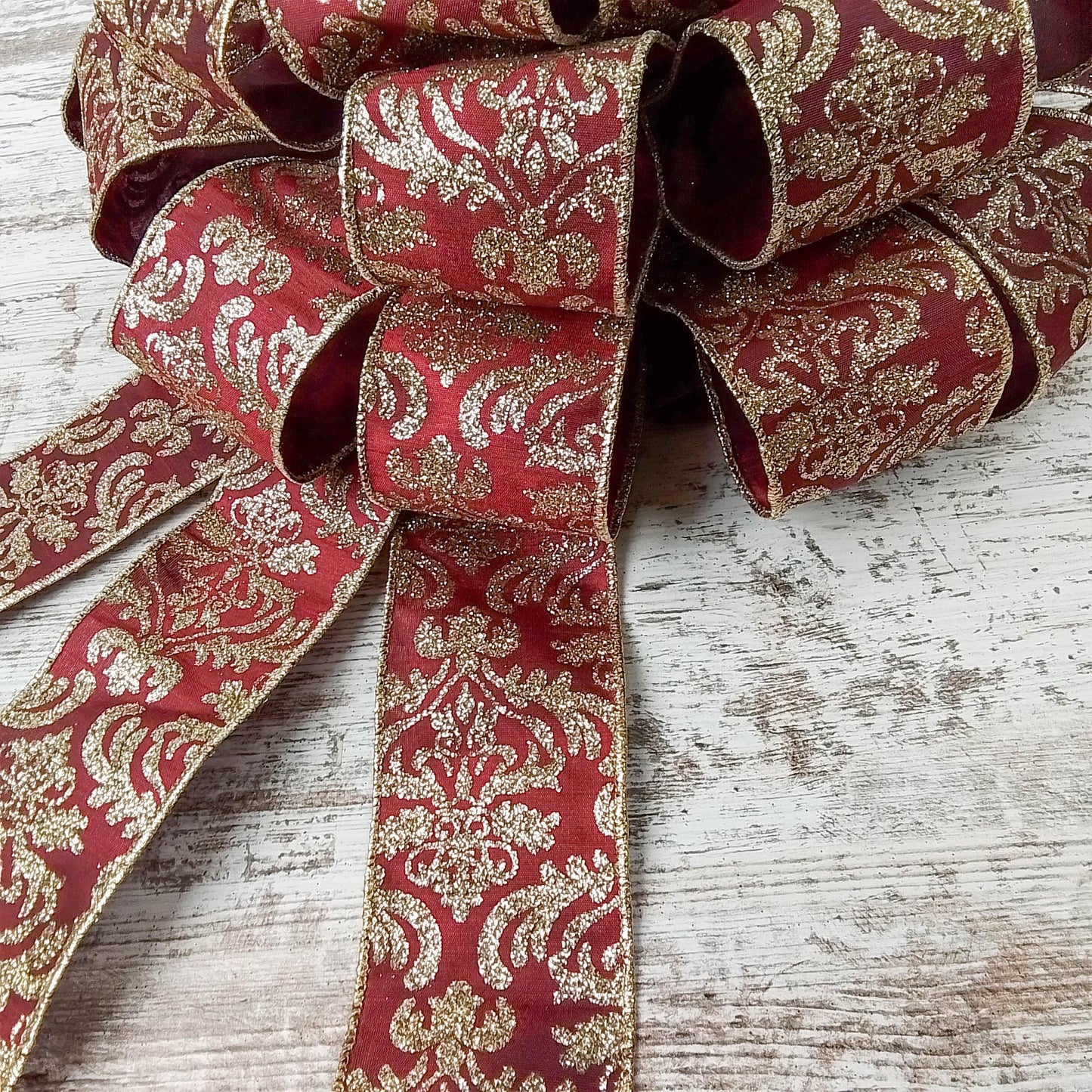 Burgundy and Gold Christmas Tree Bows - Tree Topper Bow with Streamers - Pink Door Wreaths