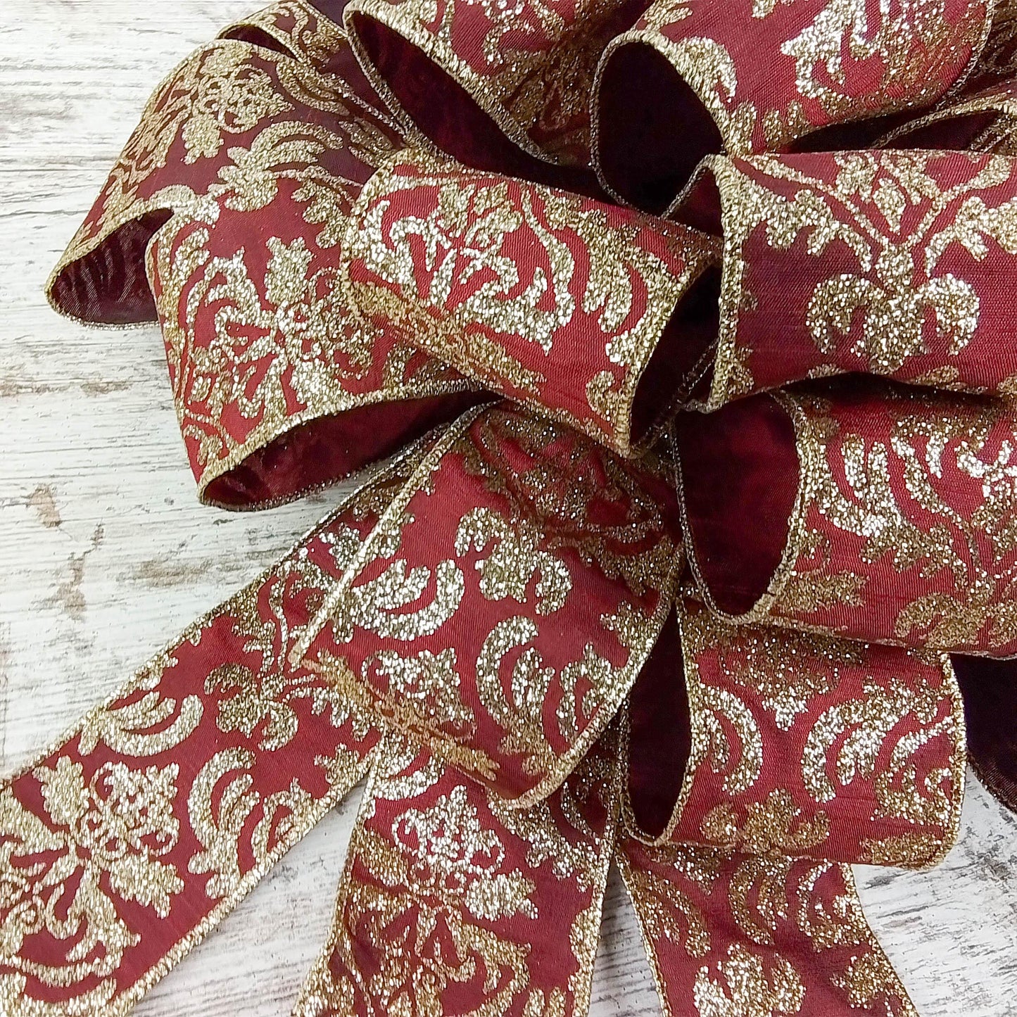 Burgundy and Gold Christmas Tree Bows - Tree Topper Bow with Streamers - Pink Door Wreaths