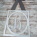 Burlap Initial Monogram Door Hanger - Gift for Mom - Framed Wood Wreath (Custom (Chevron)) - Pink Door Wreaths