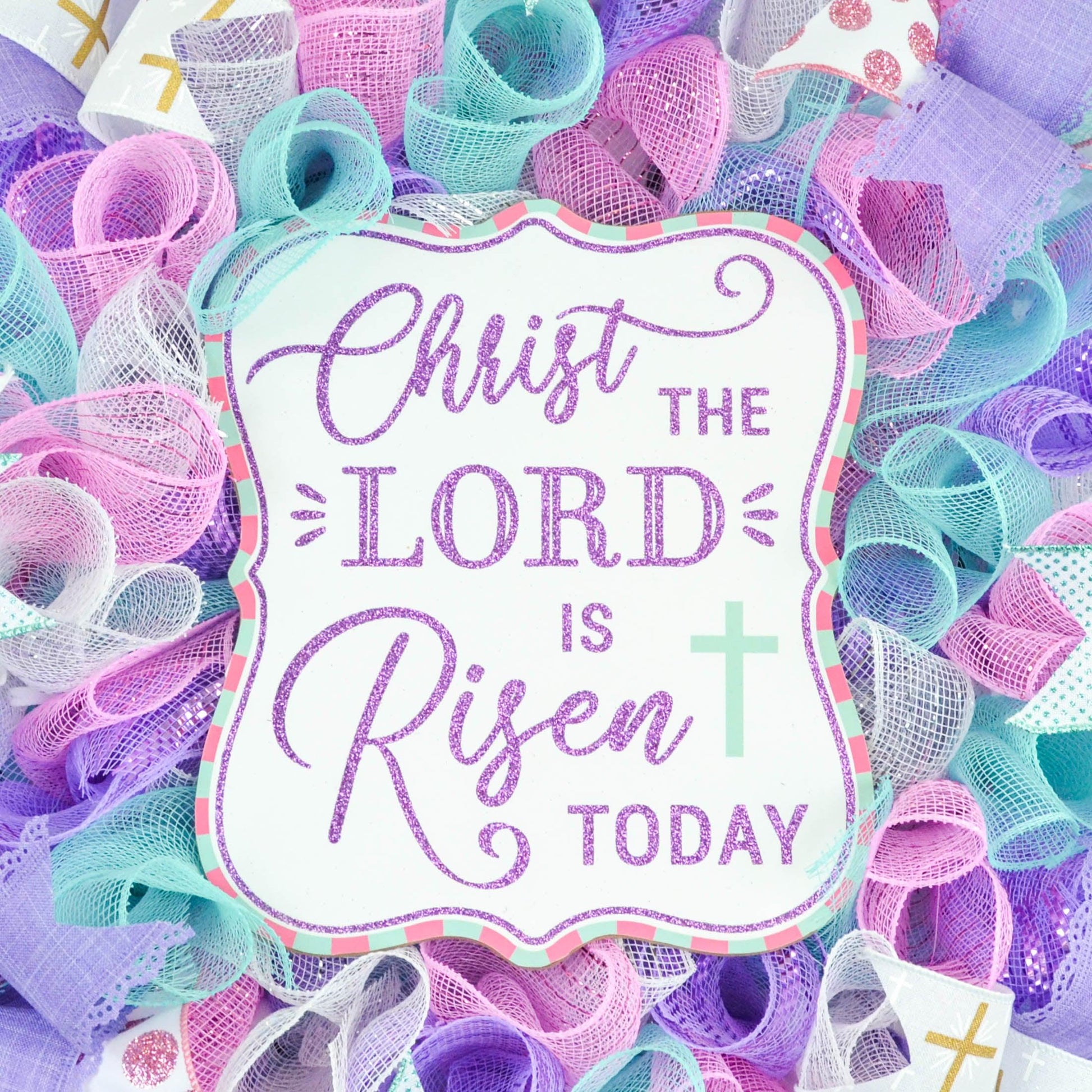 Christ Lord Risen Today Easter Front Door Wreath - Cross Present - Pink Lavender Mint Green Gold White - Pink Door Wreaths