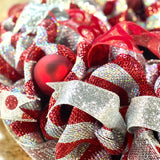 Christmas Mesh Door Wreath | Silver Red - Pink Door Wreaths