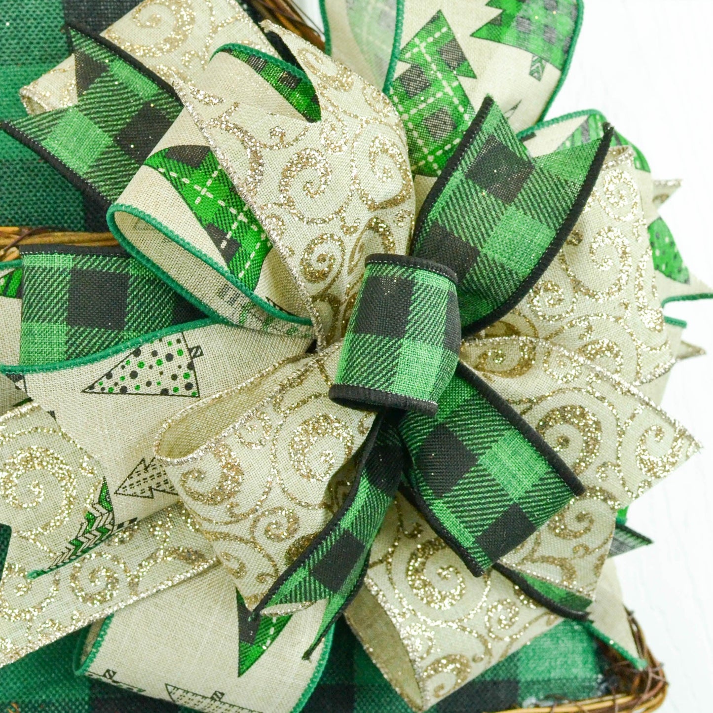 Christmas Tree Buffalo Plaid Winter Grapevine Wreath - Christmas Door Hanger Oversized Bow Jute Burlap Door Decor ; Emerald Green Black Brown - Pink Door Wreaths